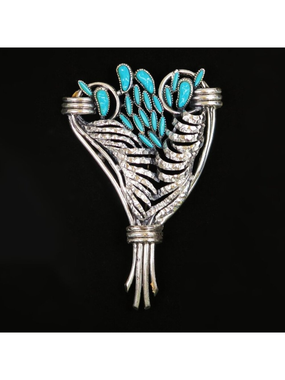 Vintage 1970s Faux Turquoise Bouquet Brooch Silver Tone Floral Statement Pin